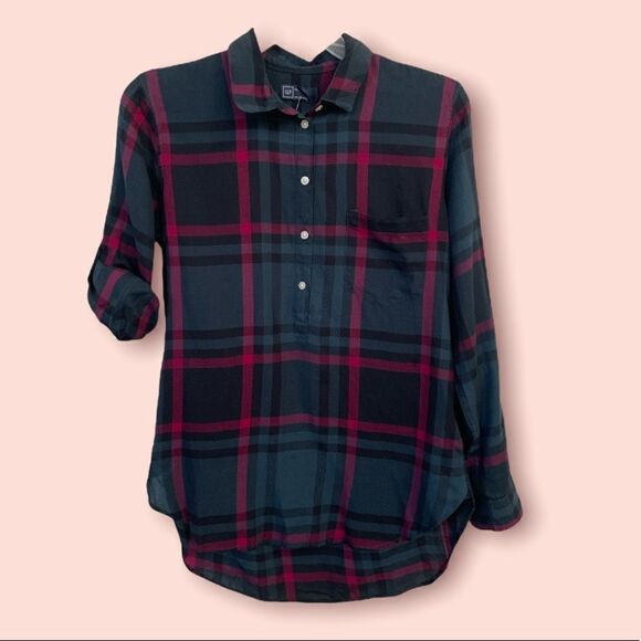 GAP Green Plaid Roll-tab Button down Tunic Size XS NWT - Picture 1 of 8